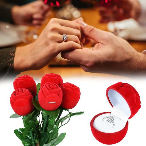 Simulated Rose Ring Box Earring Jewelry Storage Box Wedding Engagement Romantic Gift Decoration Props 3D Red Rose Flower Case